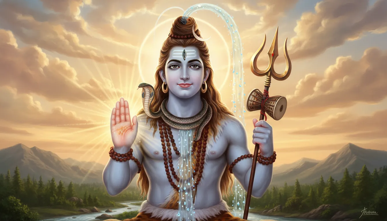 Lord Shiva raising his hand in the Abhaya Mudra blessing pose with a kind smile.