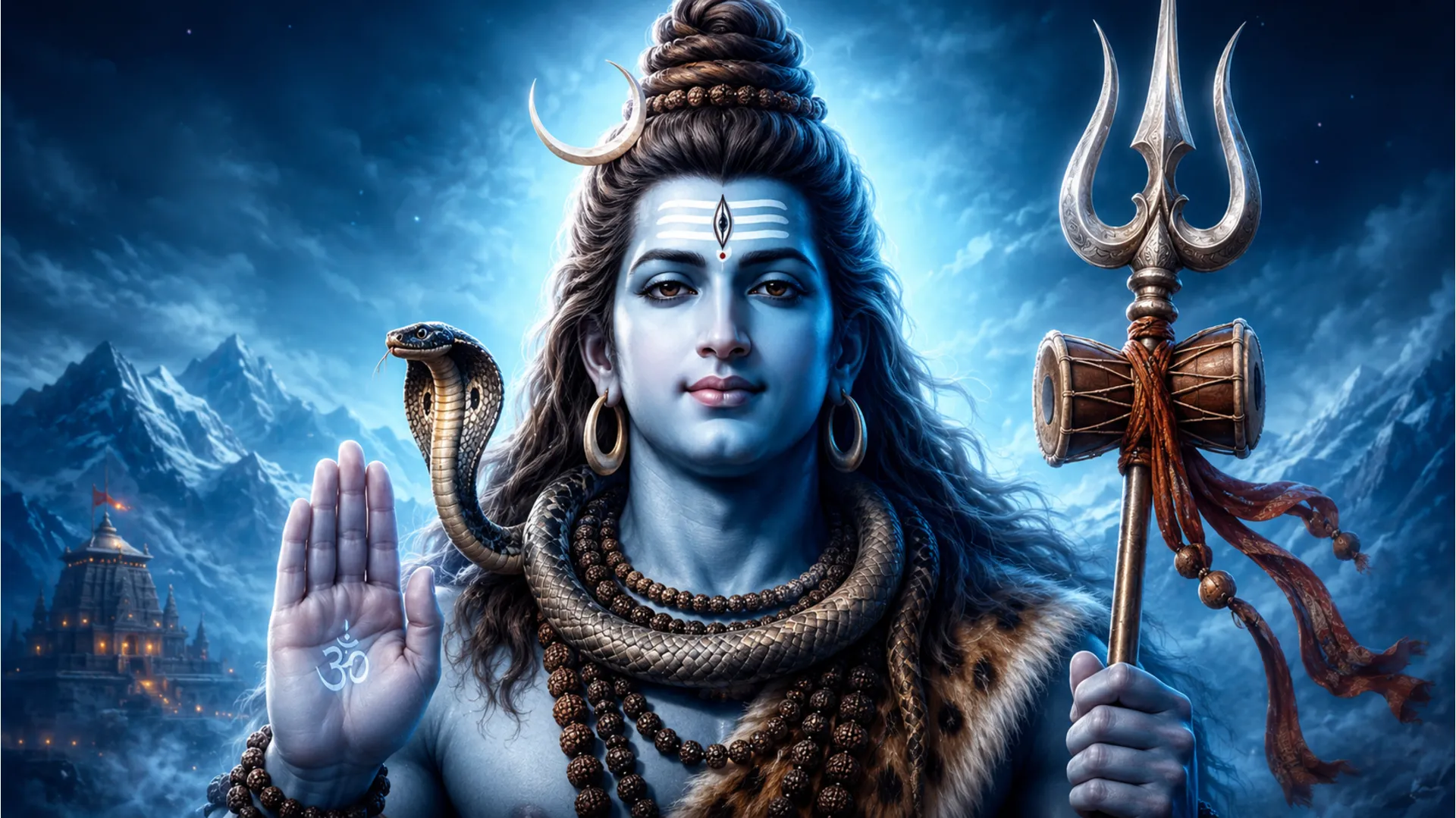 Close-up of Lord Shiva in a blessing posture with trishul and dynamic energy