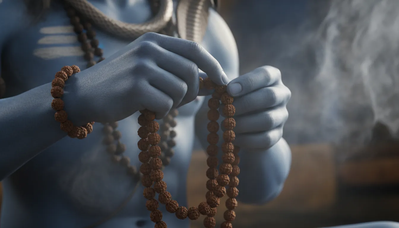 Peaceful Har Har Mahadev photo HD depicting Lord Shiva chanting with a rudraksha rosary.