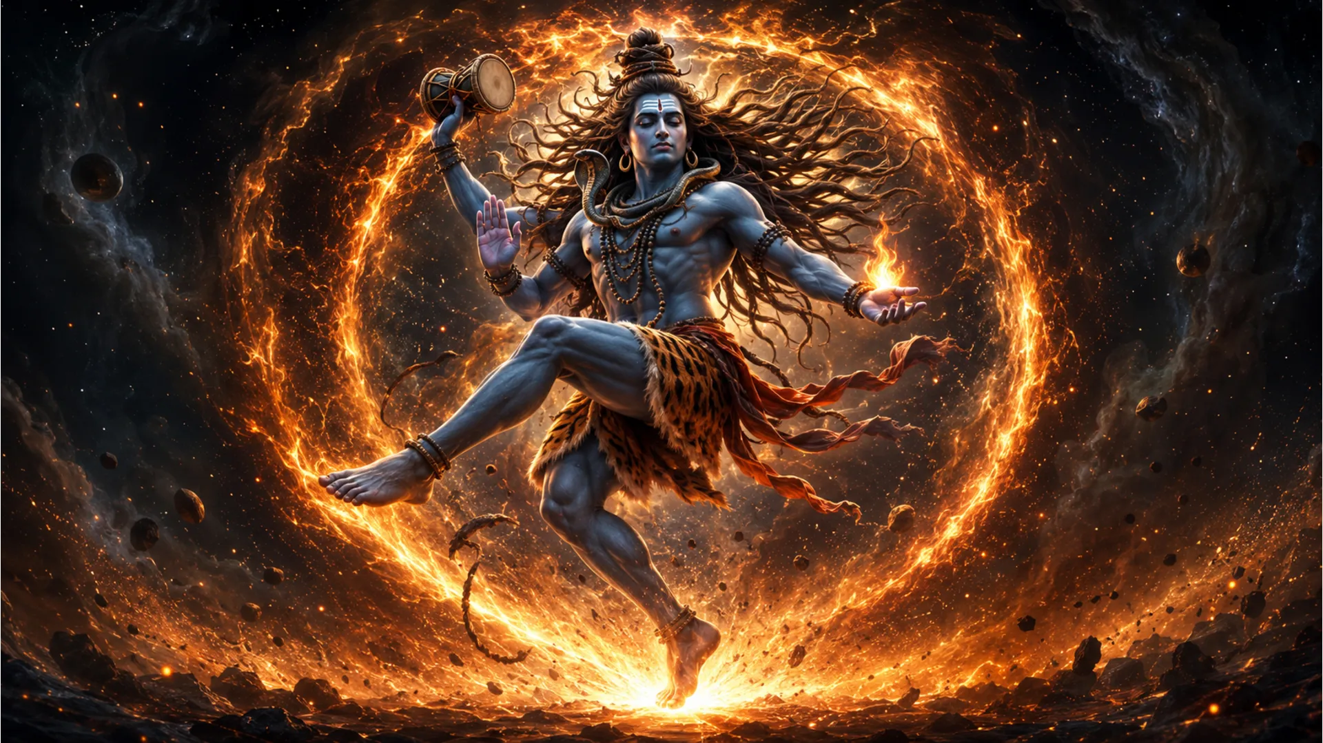Lord Shiva's faces merging with the cosmic universe, stars, and galaxies, Har Har Mahadev photo download MP3.