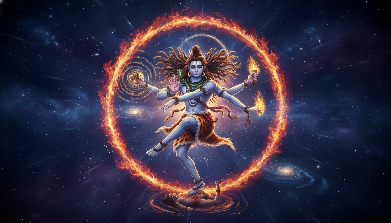Lord Shiva performing the cosmic Tandava dance of creation and destruction.