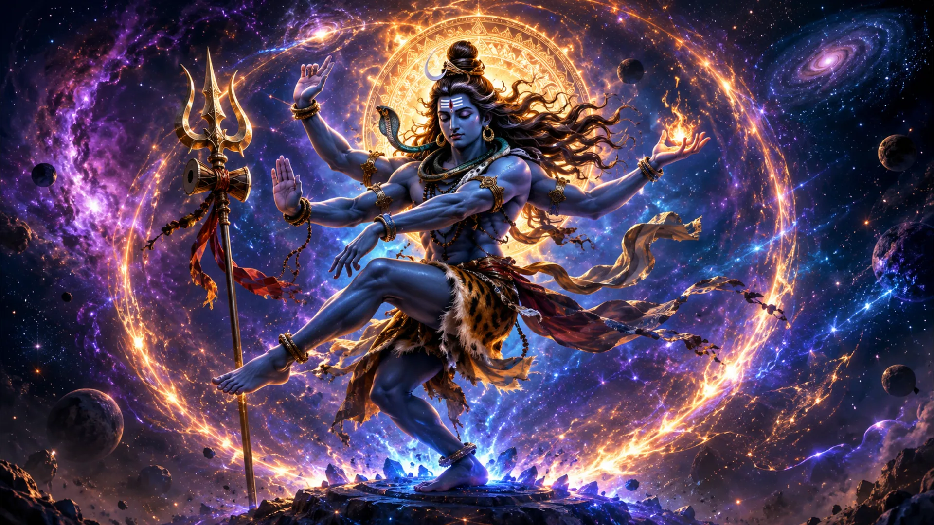 Lord Shiva performing the divine cosmic Tandava dance in high definition 1080p background.