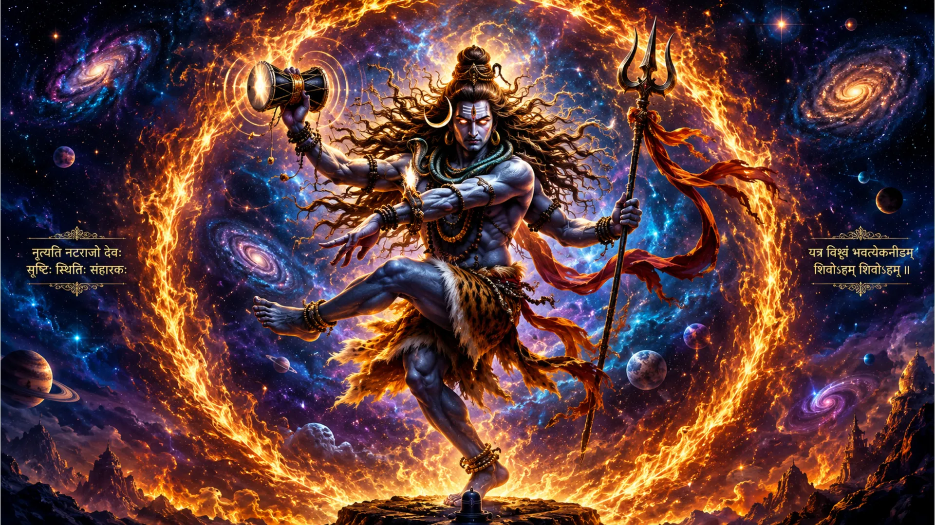 Lord Shiva performing the divine cosmic Tandava dance, full hd spiritual photo