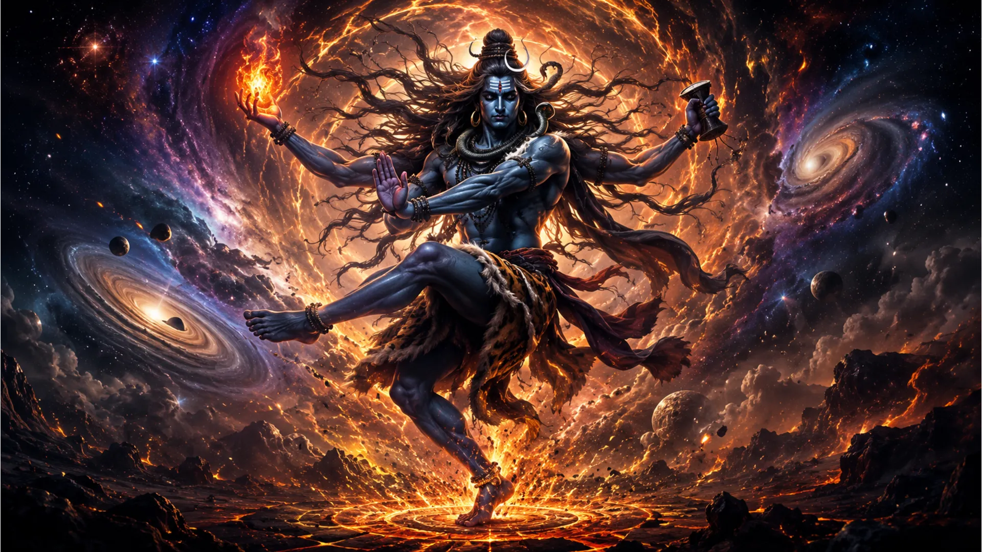 Lord Shiva performing the fierce Tandava dance amidst cosmic fire and storm.