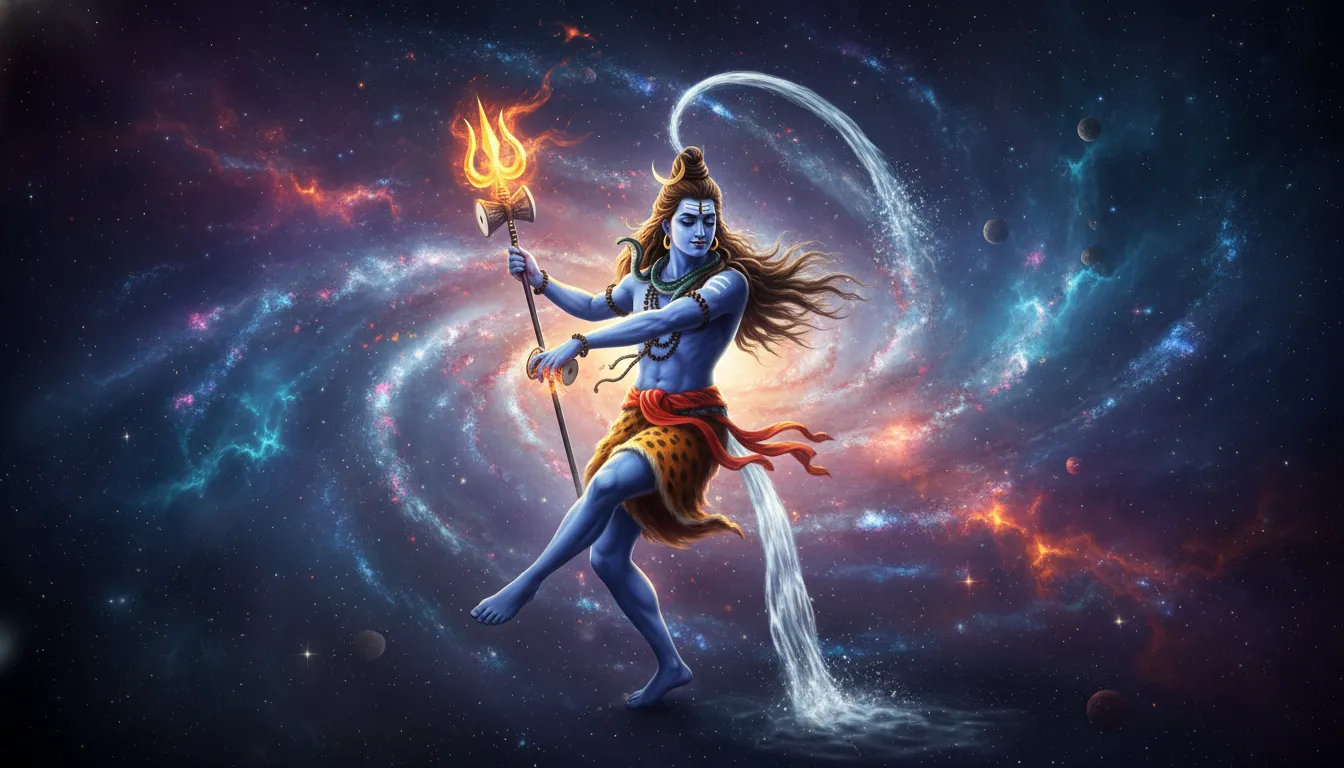 Lord Shiva performing the cosmic Tandava dance with a glowing damru and trishul.