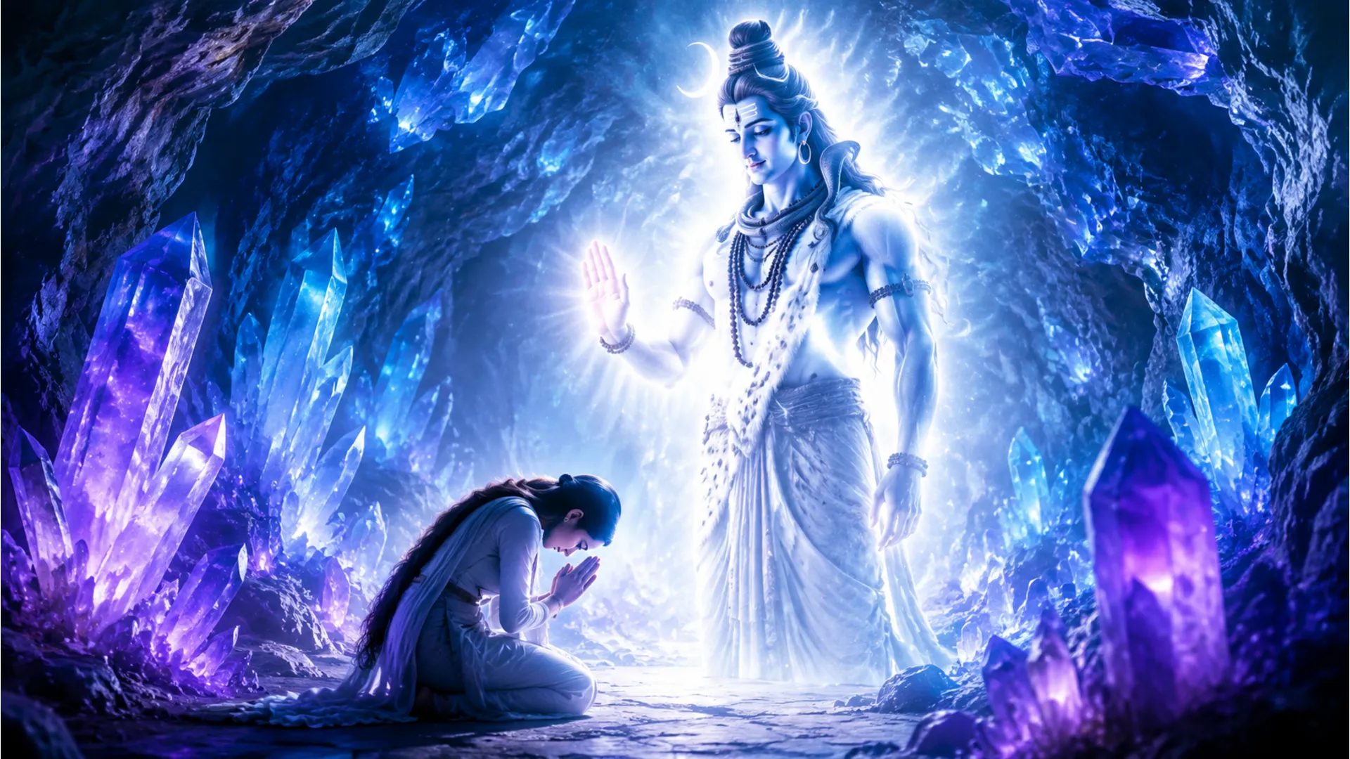 Glowing form of Lord Shiva blessing a kneeling woman devotee inside a cave filled with glowing crystals.