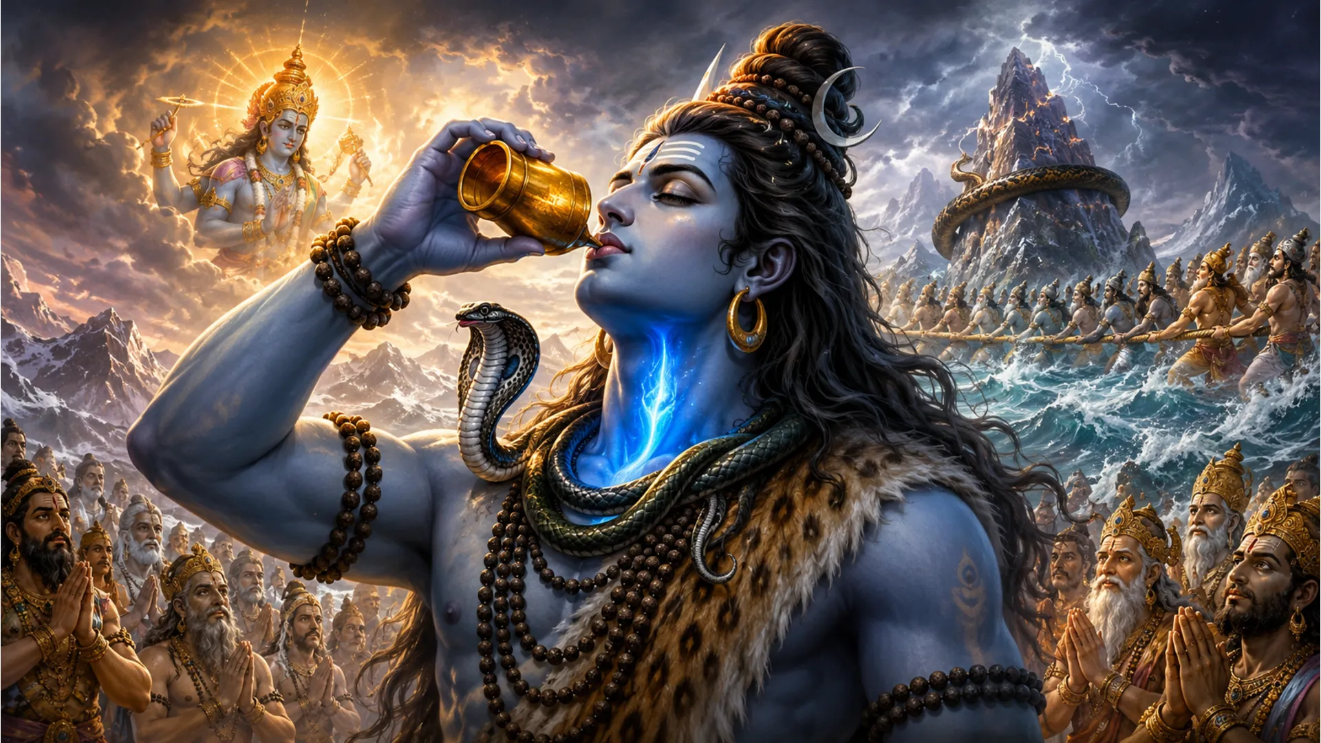 Lord Shiva drinking the blue Halahala poison during Samudra Manthan to save the world.