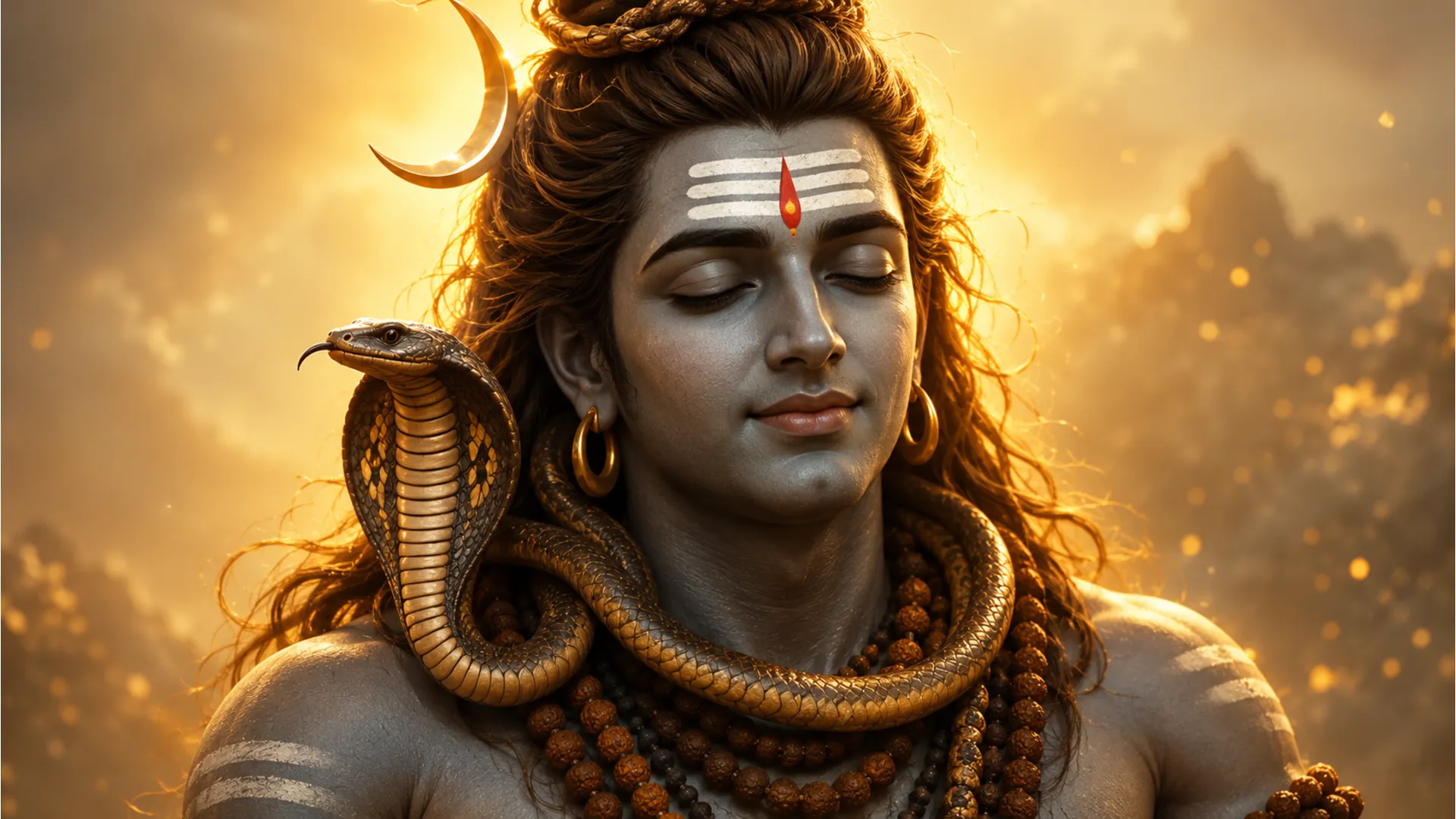 Close-up artistic portrait of Lord Shiva with a serene smile and blue throat.