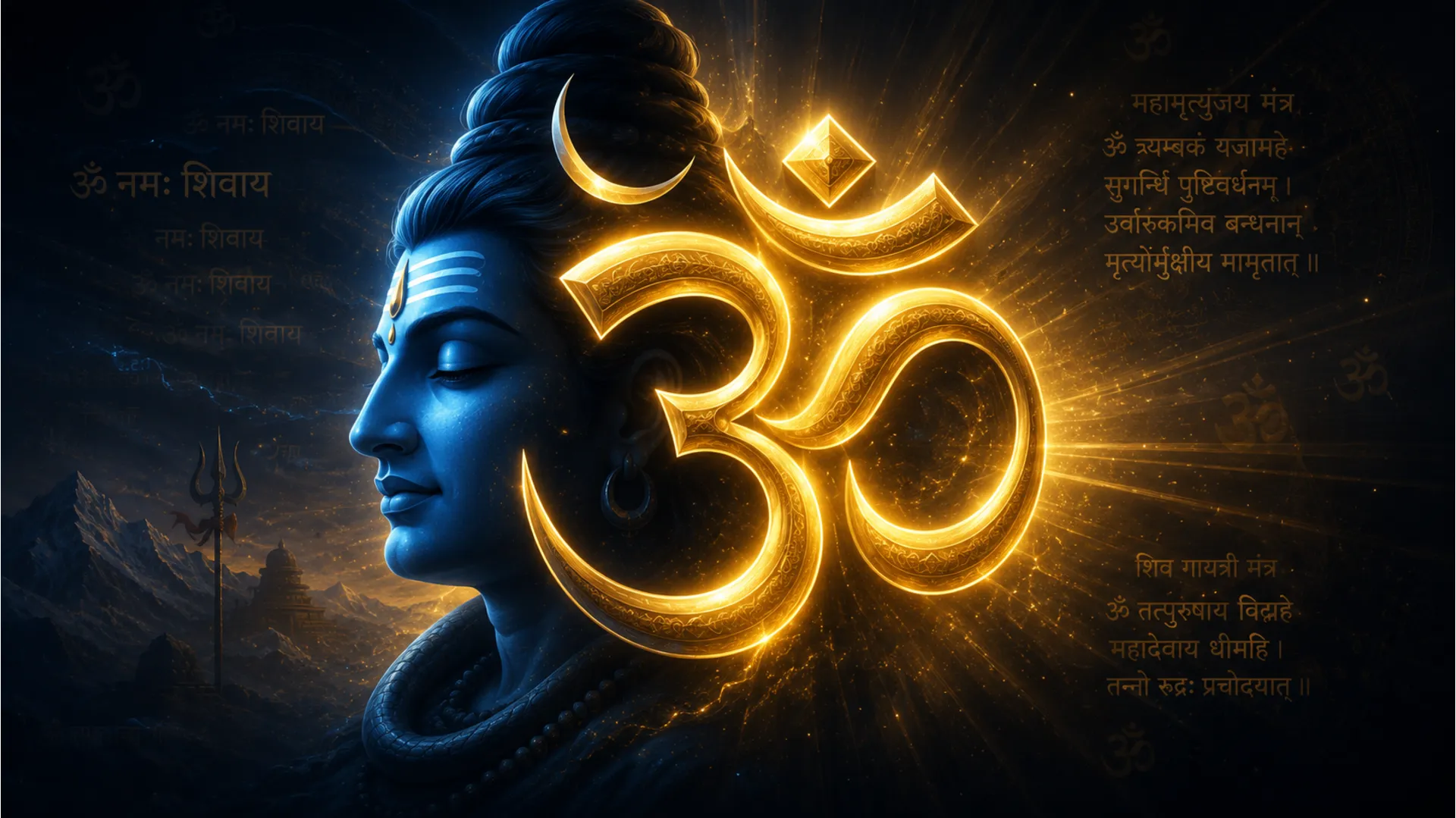 Glowing golden Om symbol integrated with a serene face of Lord Shiva