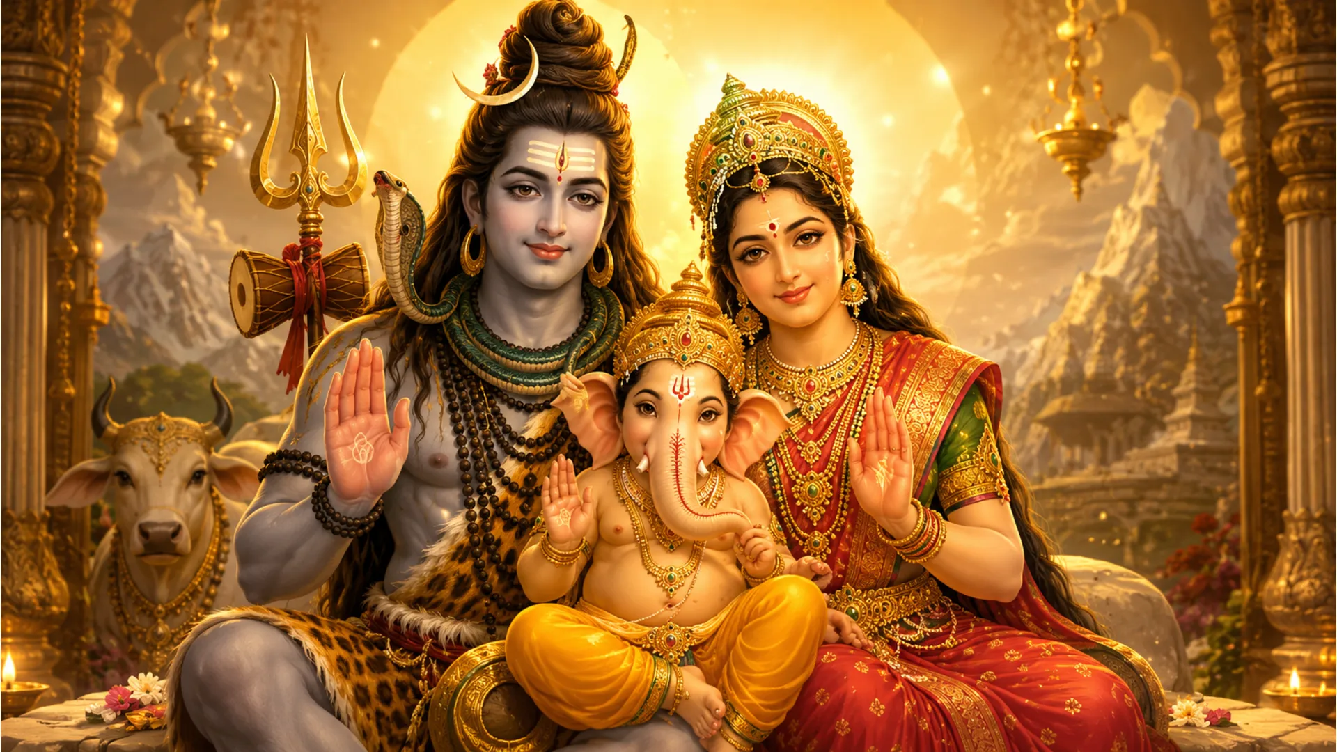 Divine family portrait of Lord Shiva, Goddess Parvati, and young Lord Ganesha in high quality.