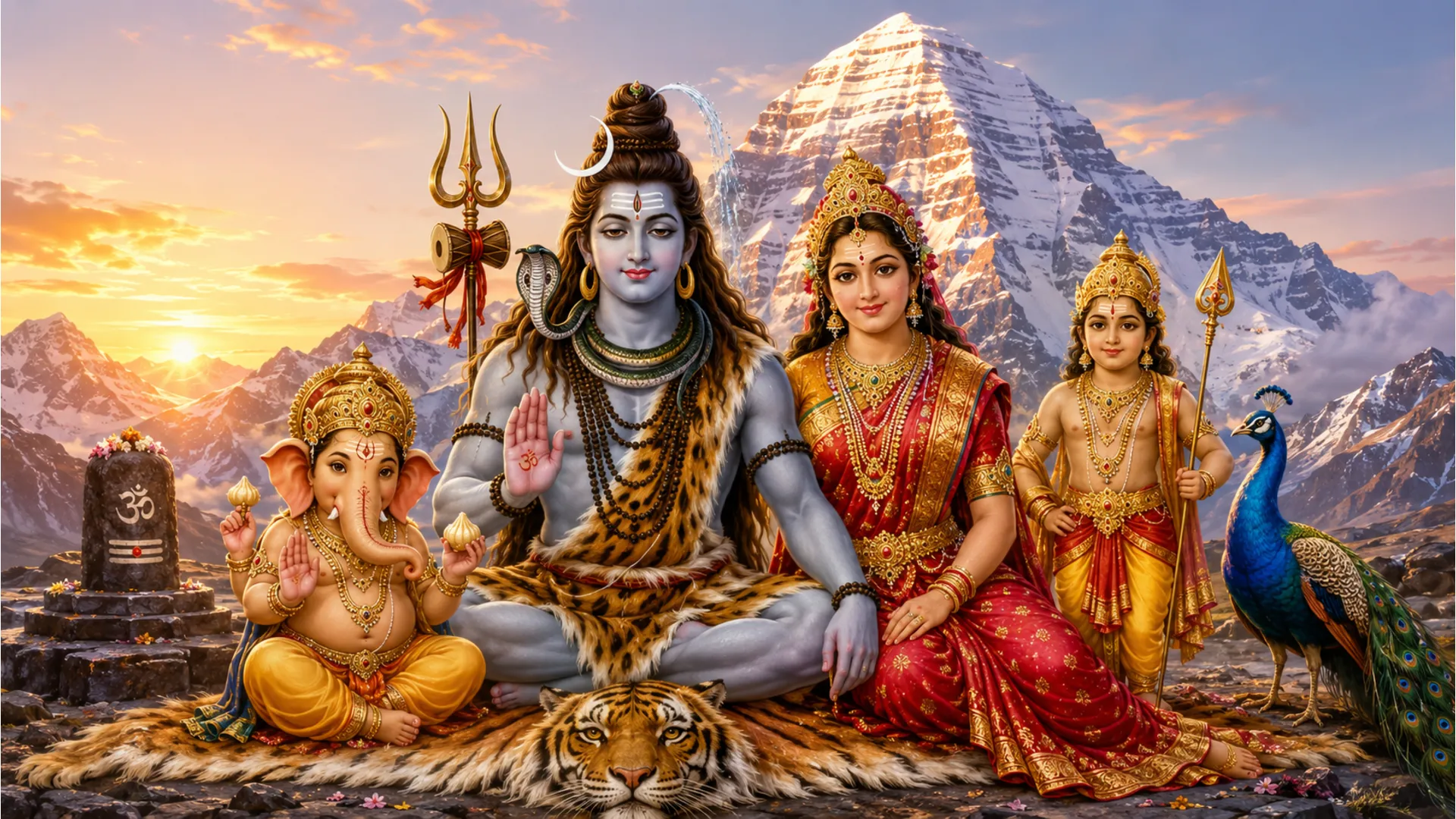 Har Har Mahadev family photo HD with Lord Shiva, Parvati, Ganesha and Kartikeya in Mount Kailash.