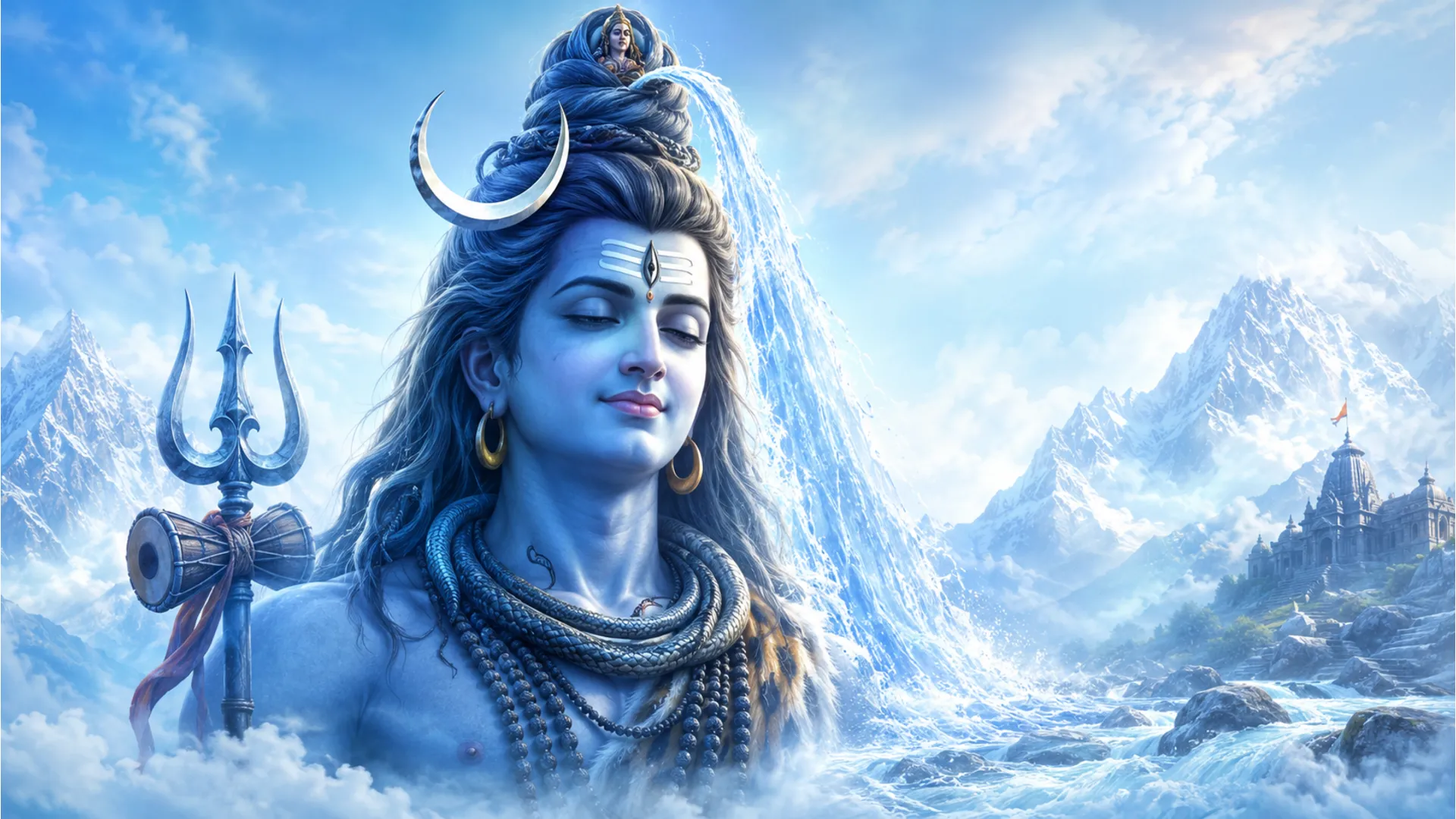 Beautiful digital artwork of the holy River Ganga flowing from Lord Shiva’s matted hair wallpaper.