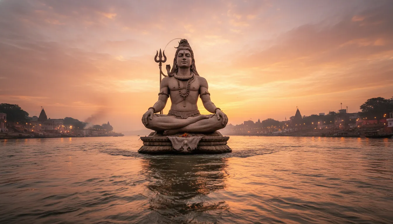 Large statue of Lord Shiva over the Ganges river in Haridwar at sunset, dramatic HD wallpaper 1080p.