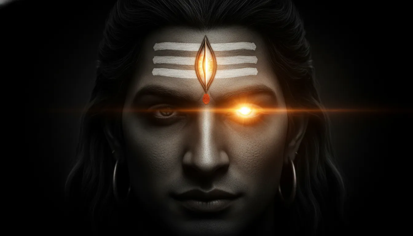 Intense close-up of Lord Shiva's glowing third eye symbolizing ultimate wisdom in 4K.