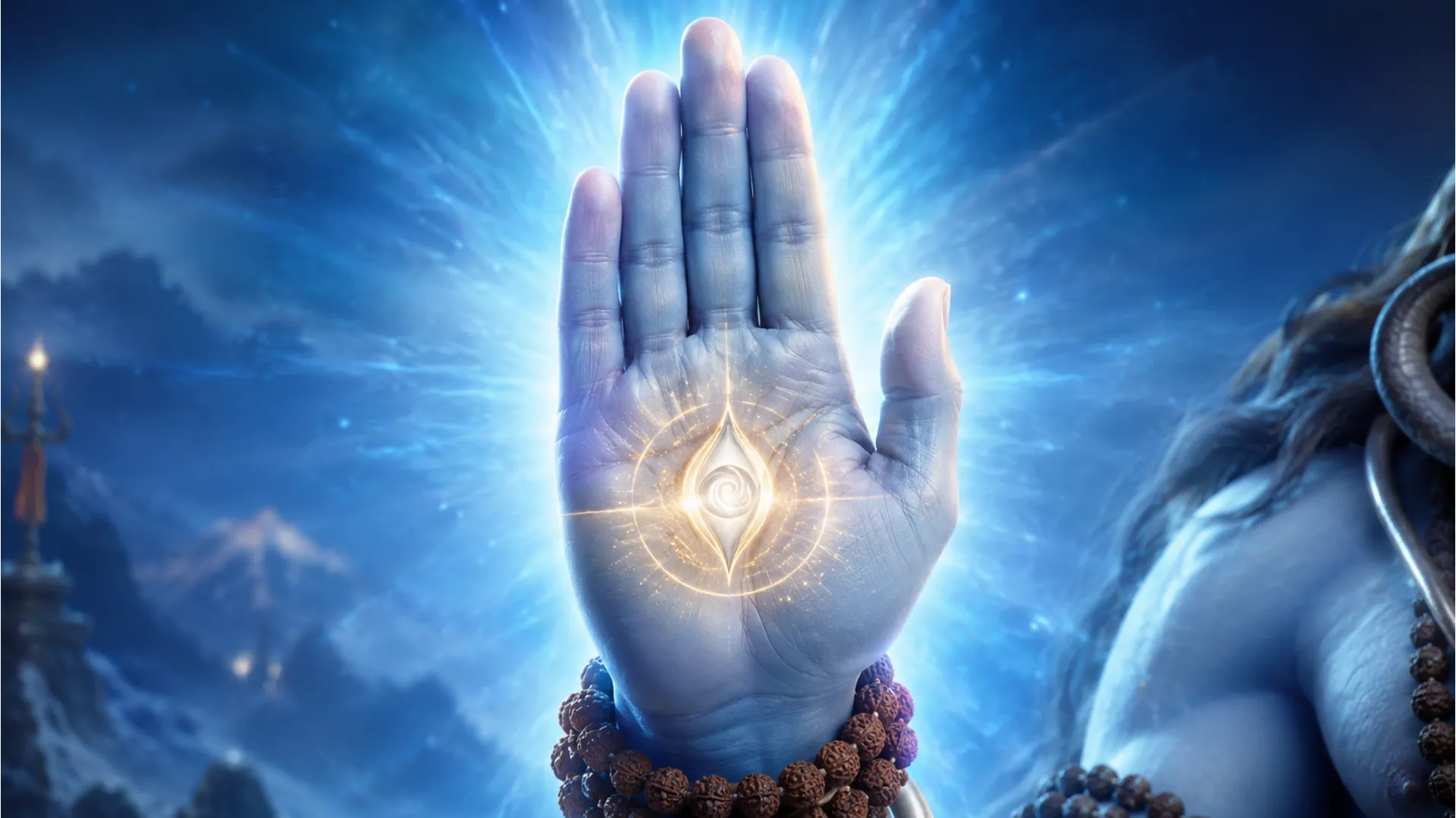 Close up of Lord Shiva's hand in blessing pose with a glowing aura, Har Har Mahadev photo download MP3.