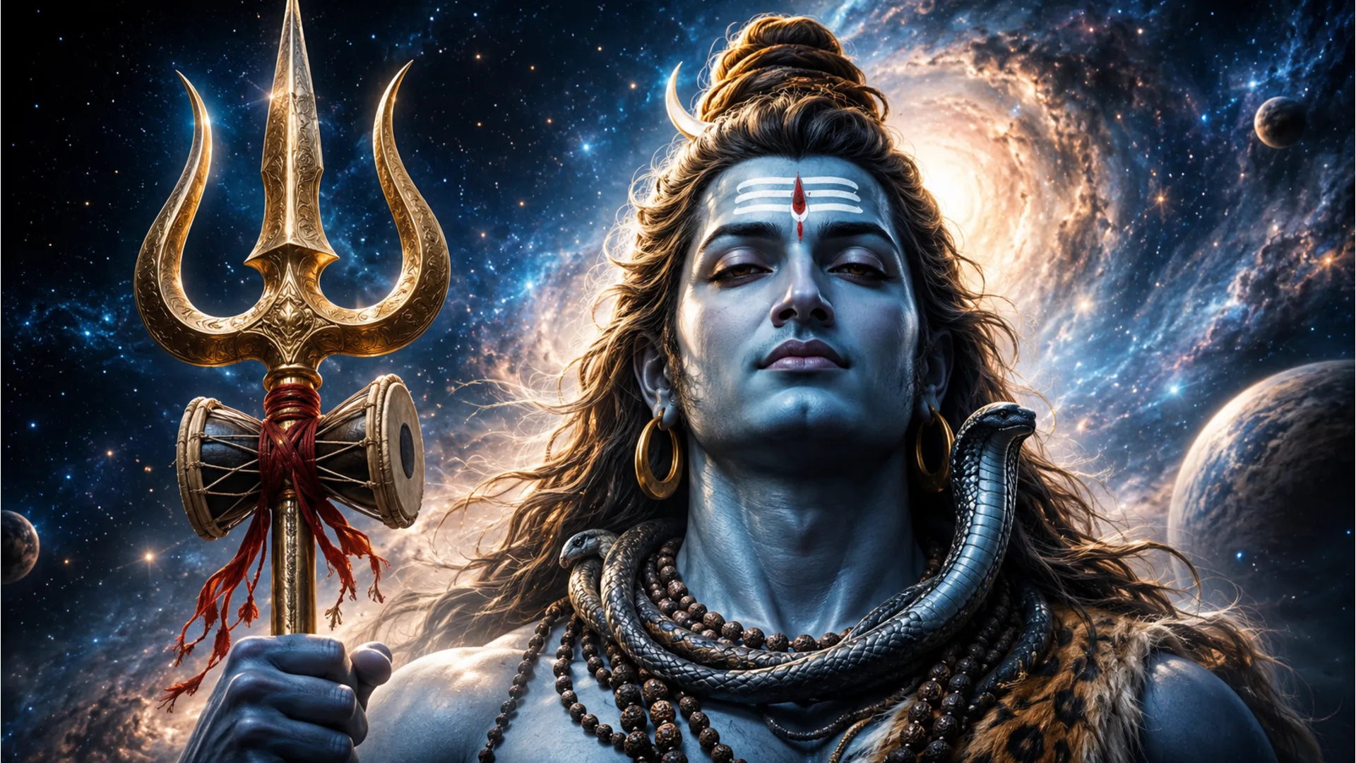 Spiritual har har mahadev picture photoes featuring Lord Shiva holding his powerful golden Trishul.