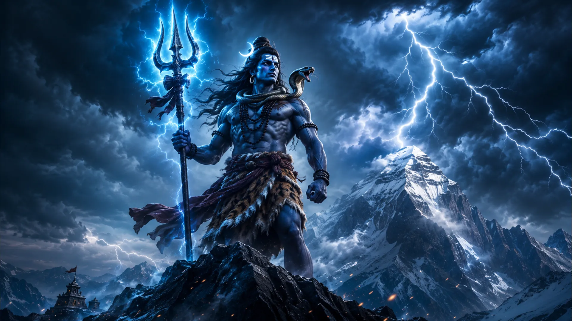 Lord Shiva standing on a mountain peak, holding a glowing Trishul during a thunder storm.