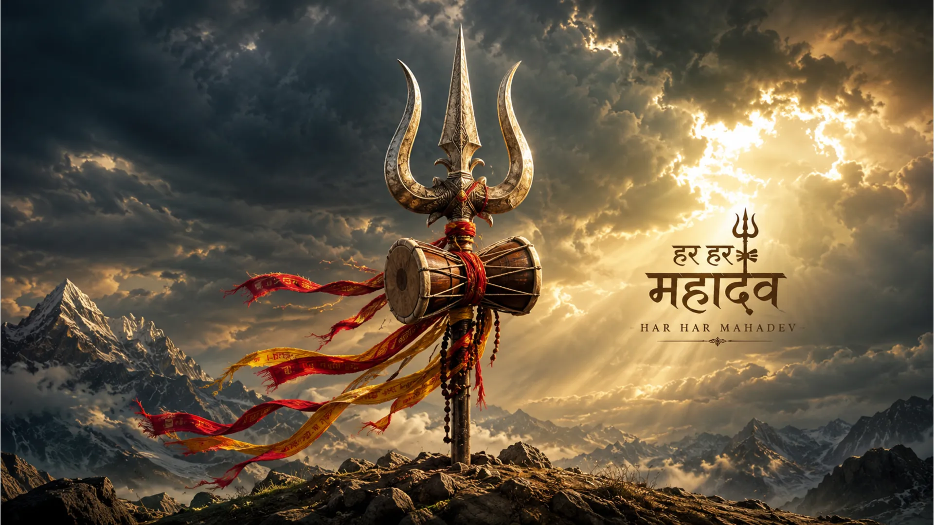 Metallic Trishul of Lord Shiva adorned with a sacred Damru against a smoky dark background.