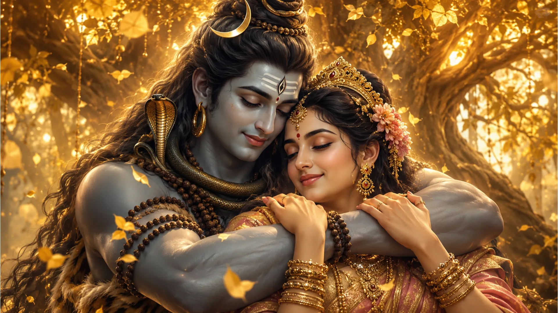 lord shiva hugging parvati close up spiritual art soft tones