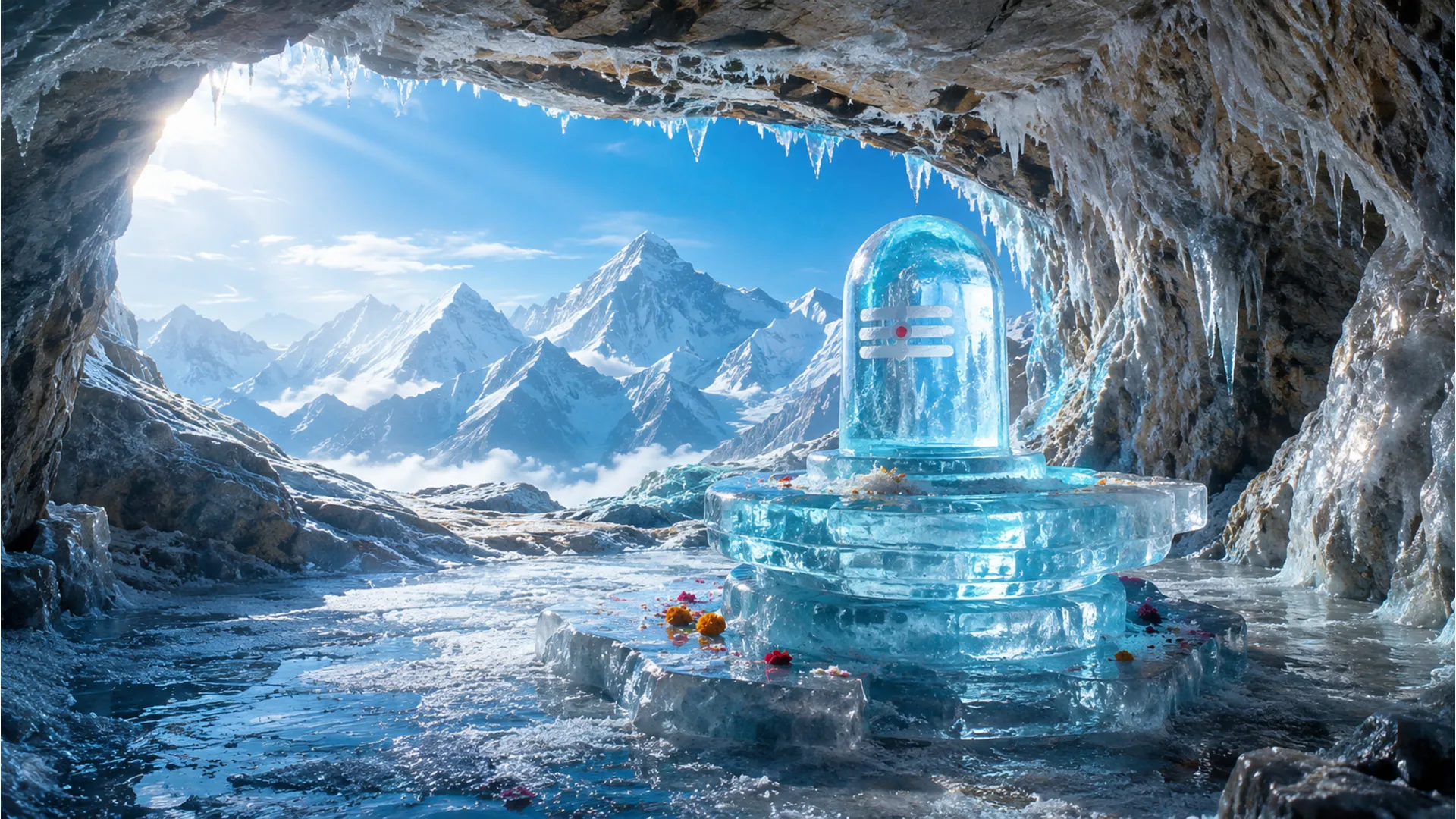 Natural ice Mahakal shivling images hd located in the snow-covered Himalayan mountains.