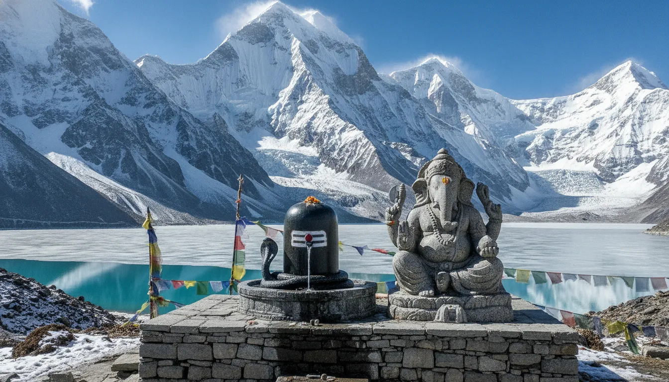 Ice-carved Shivling and Lord Ganesha sitting amidst snow-covered Himalayan peaks