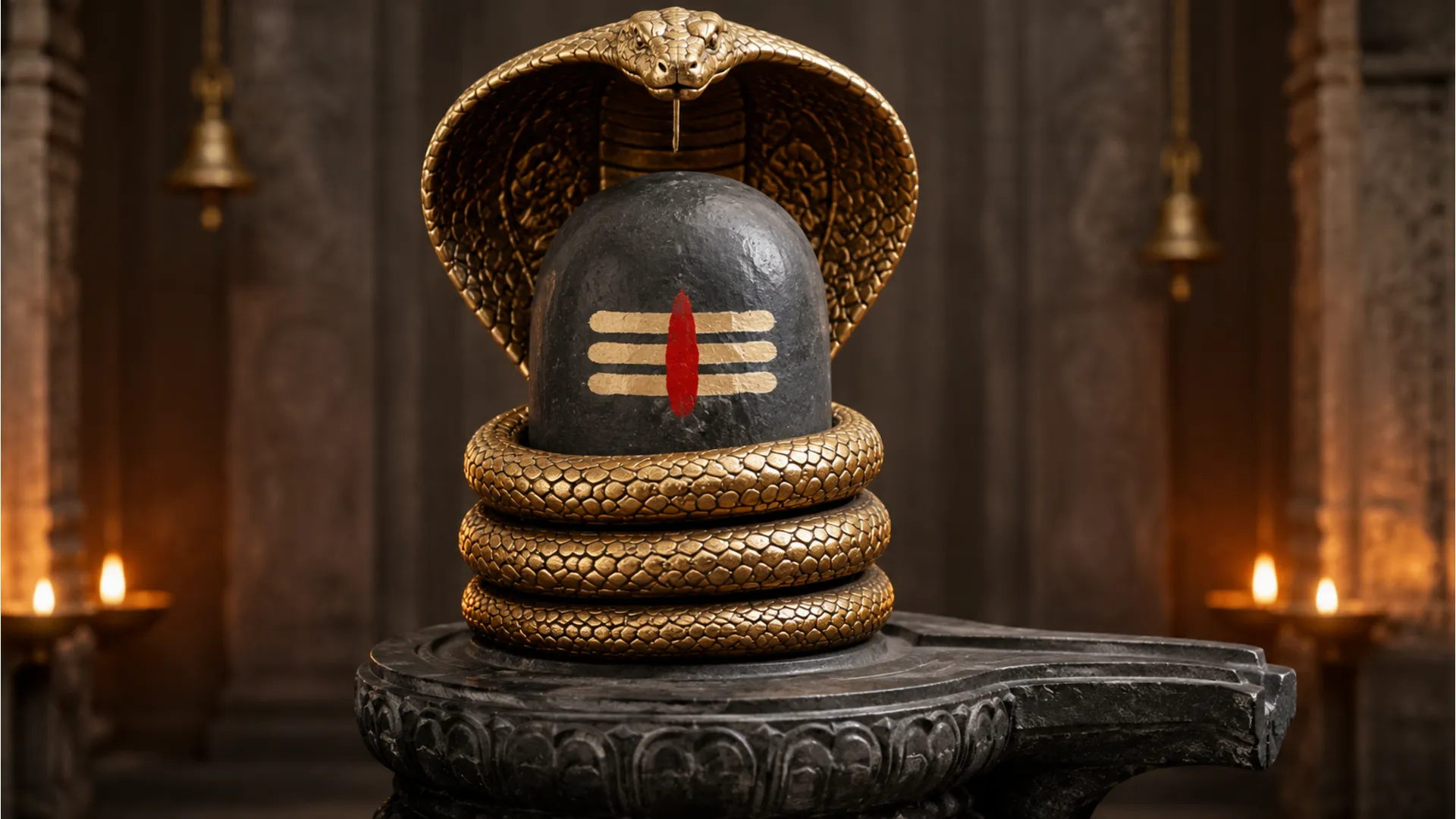 Polished dark stone Shivling wrapped by a detailed protective brass snake sculpture.