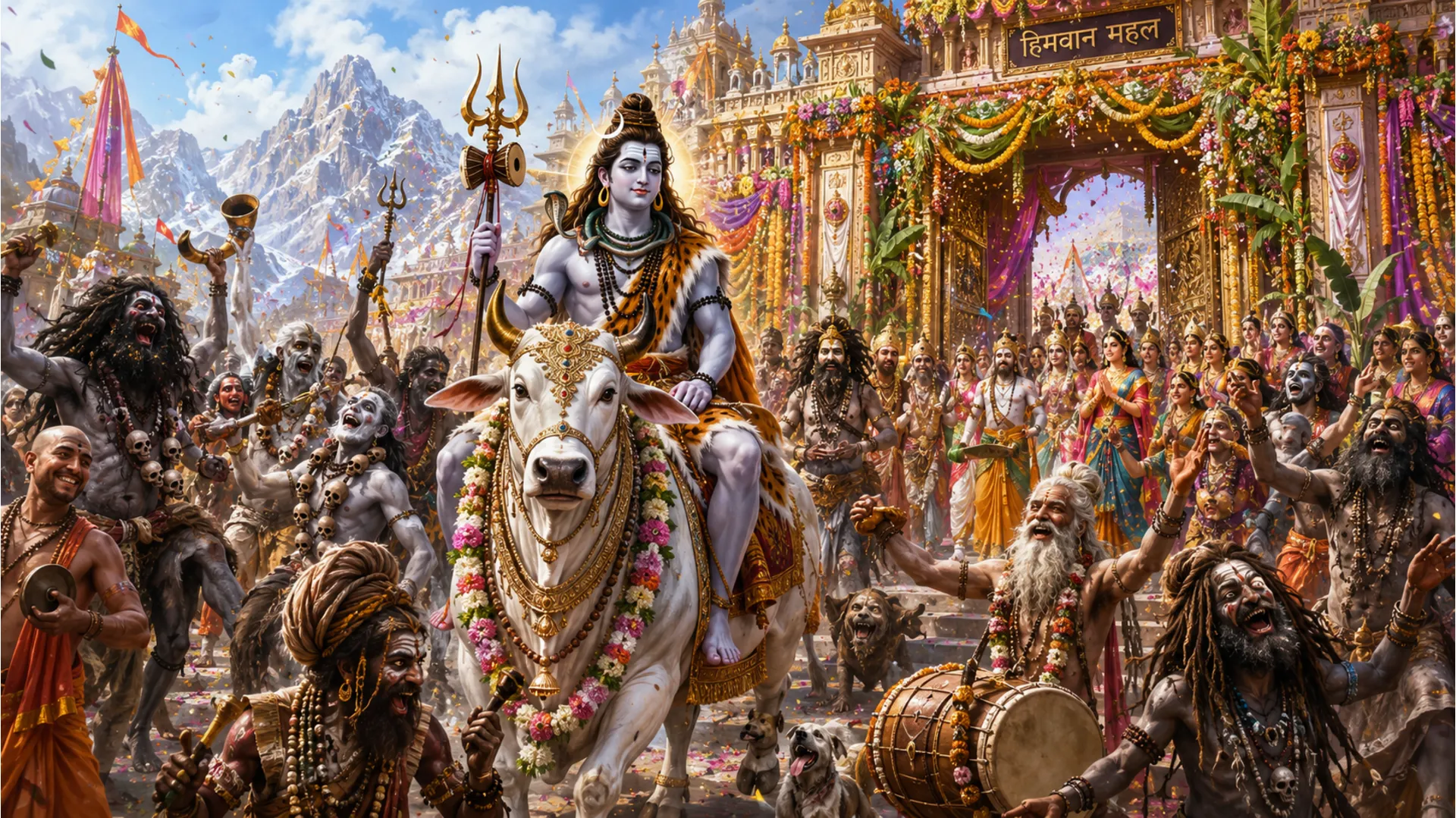 Vibrant traditional painting of Lord Shiva riding Nandi the bull with his diverse wedding procession.