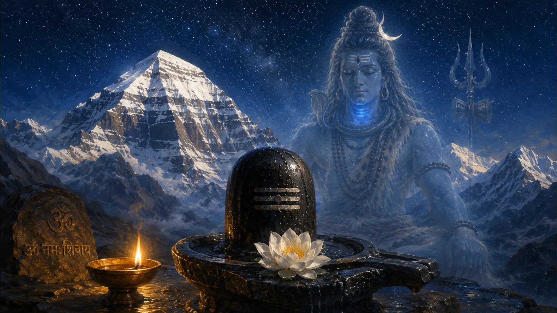 Spiritual oil painting of Lord Shiva meditating in the Himalayas behind a sacred Shivling.