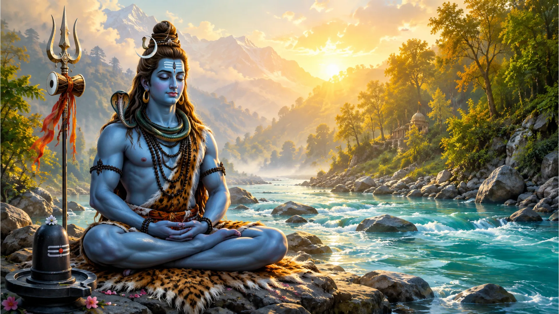 Lord Shiva sitting peacefully on a riverbank with the flowing waters of Ganga behind him.