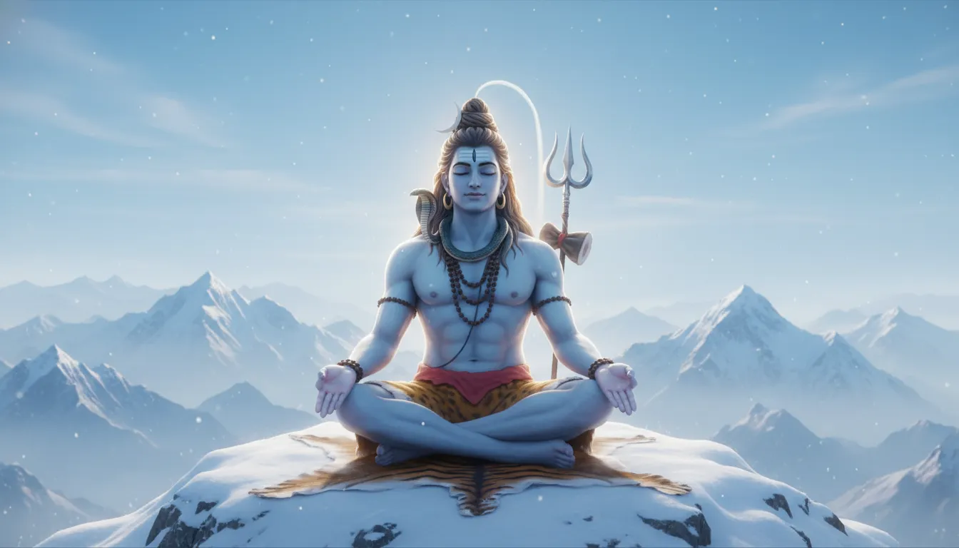 Lord Shiva meditating on a snow-capped Himalayan peak HD wallpaper 1080p download.
