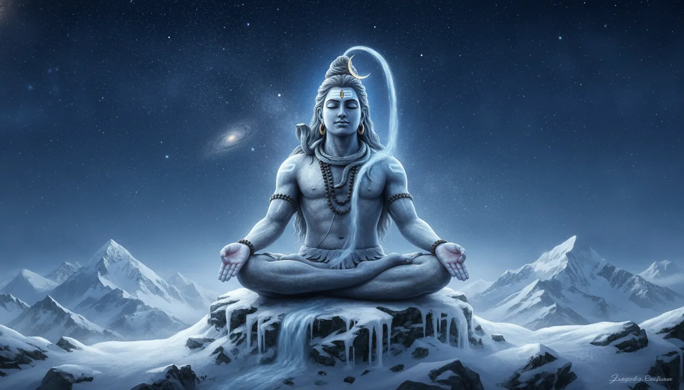 Lord Shiva meditating peacefully on Mount Kailash under a starry night sky.