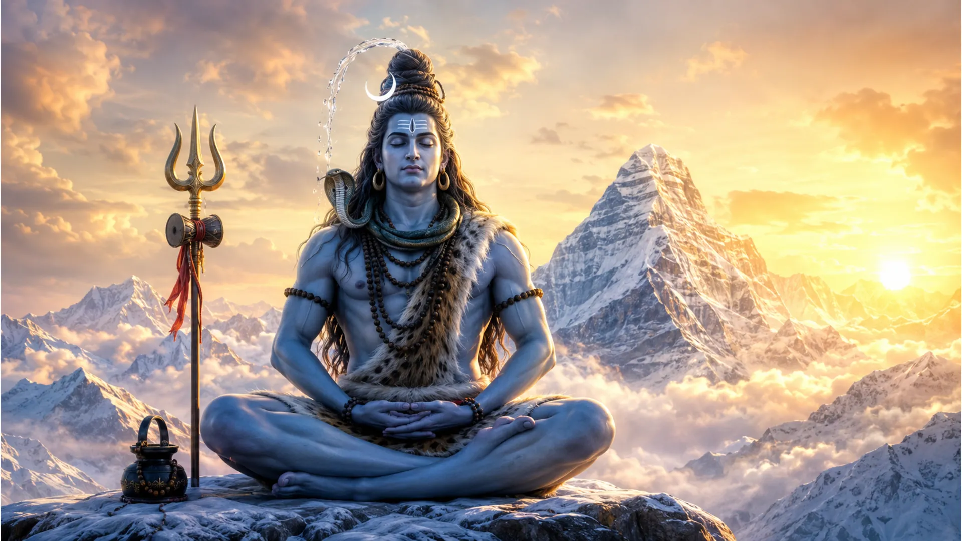 Lord Shiva meditating calmly in the snow-covered Himalayan mountains with a serene atmosphere.