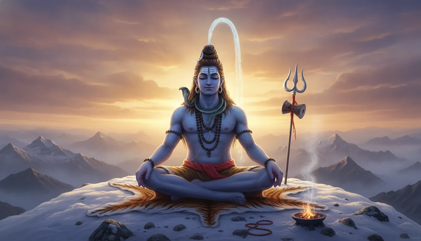Har Har Mahadev photo HD showing Lord Shiva meditating in the snow-capped Himalayan mountains.