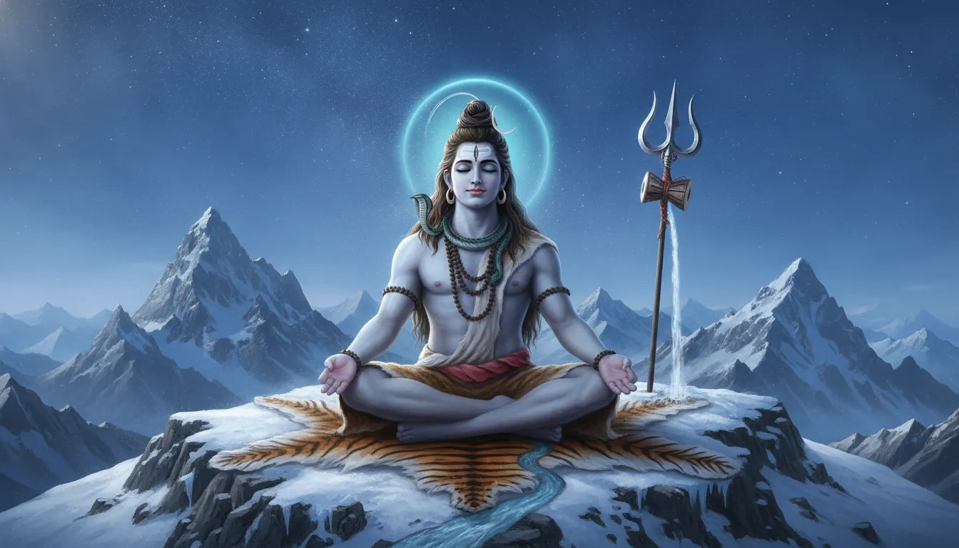 Lord Shiva meditating calmly in snow-covered Himalayan mountains with Har Har Mahadev photo shayari text overlay.