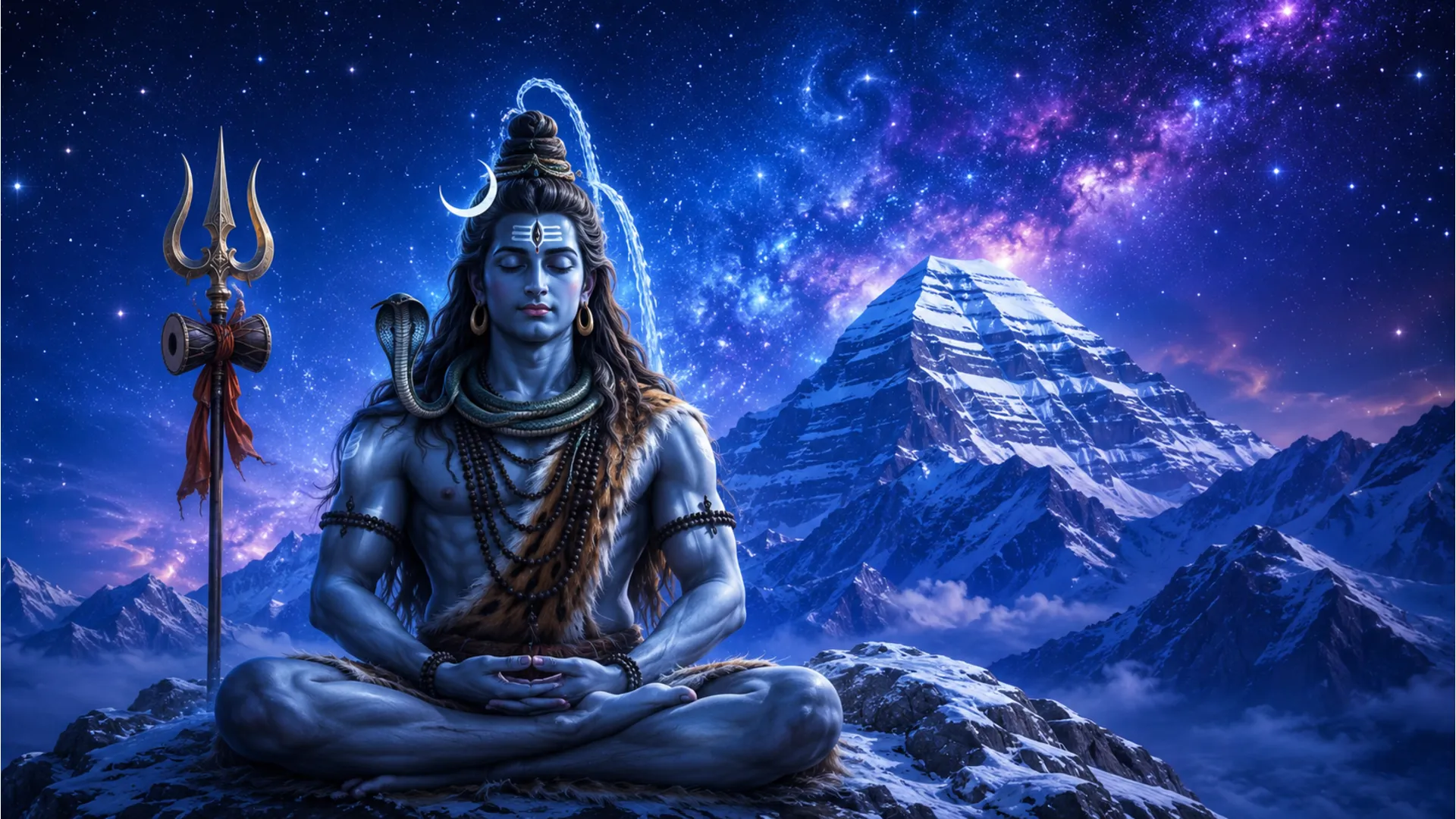 Har har mahadev photo full hd showing Lord Shiva meditating on Mount Kailash.