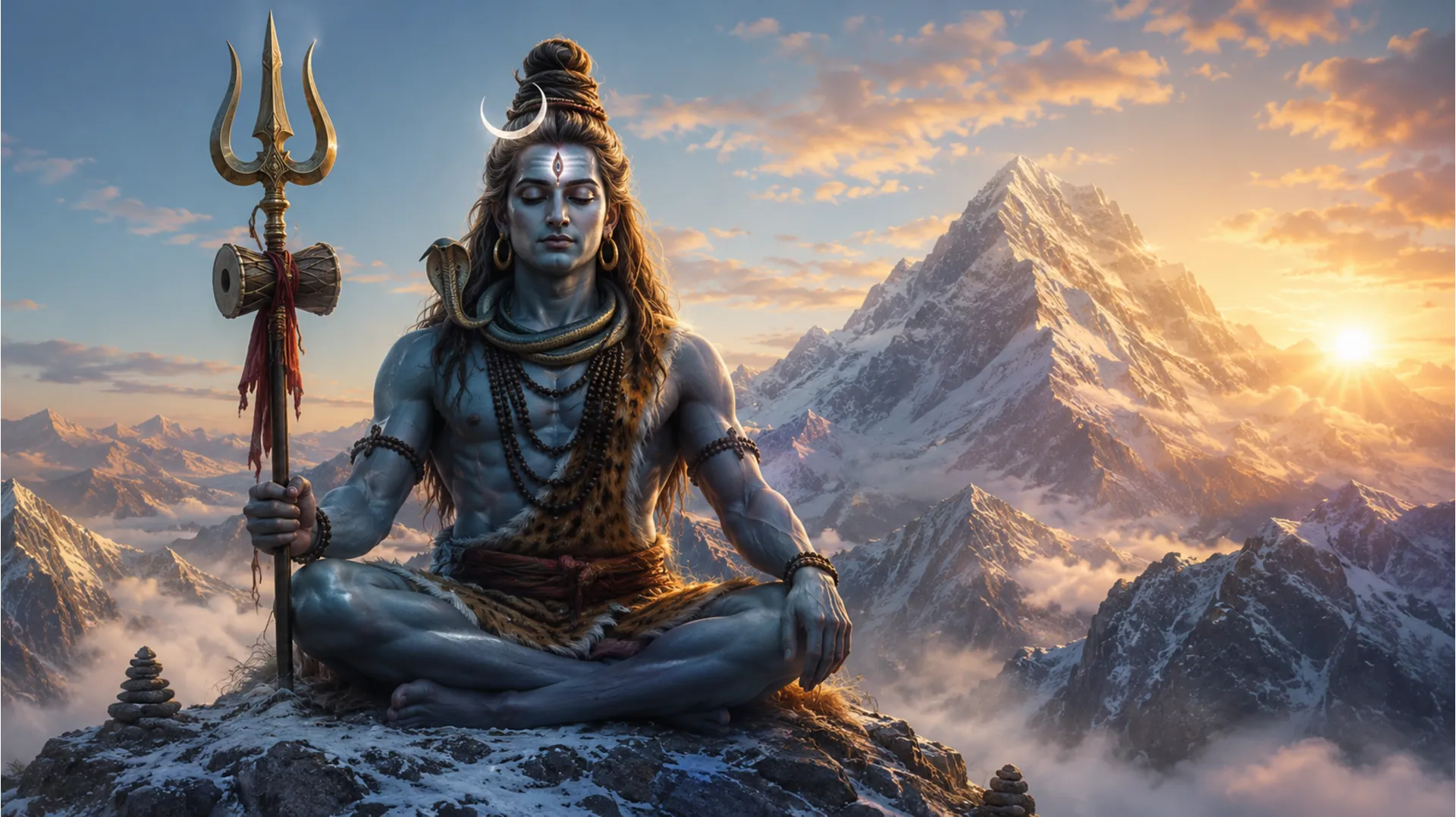 Lord Shiva meditating on Mount Kailash with trishul and om har har mahadev chanting vibes