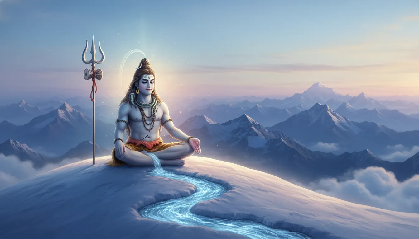 Lord Shiva sitting in deep meditation on snow-covered Mount Kailash.