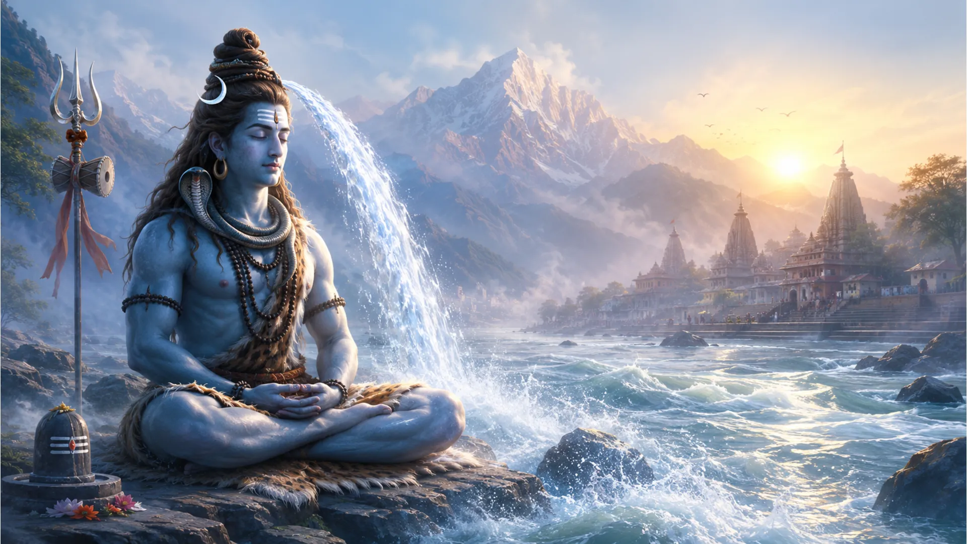 Lord Shiva meditating on the banks of the flowing Ganga river in Rishikesh.