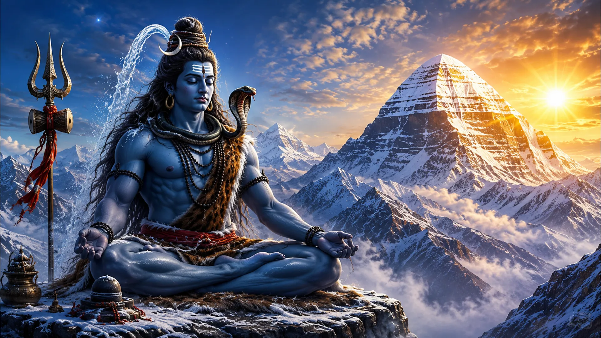 Lord Shiva meditating on Mount Kailash in deep peace HD wallpaper 1080p.