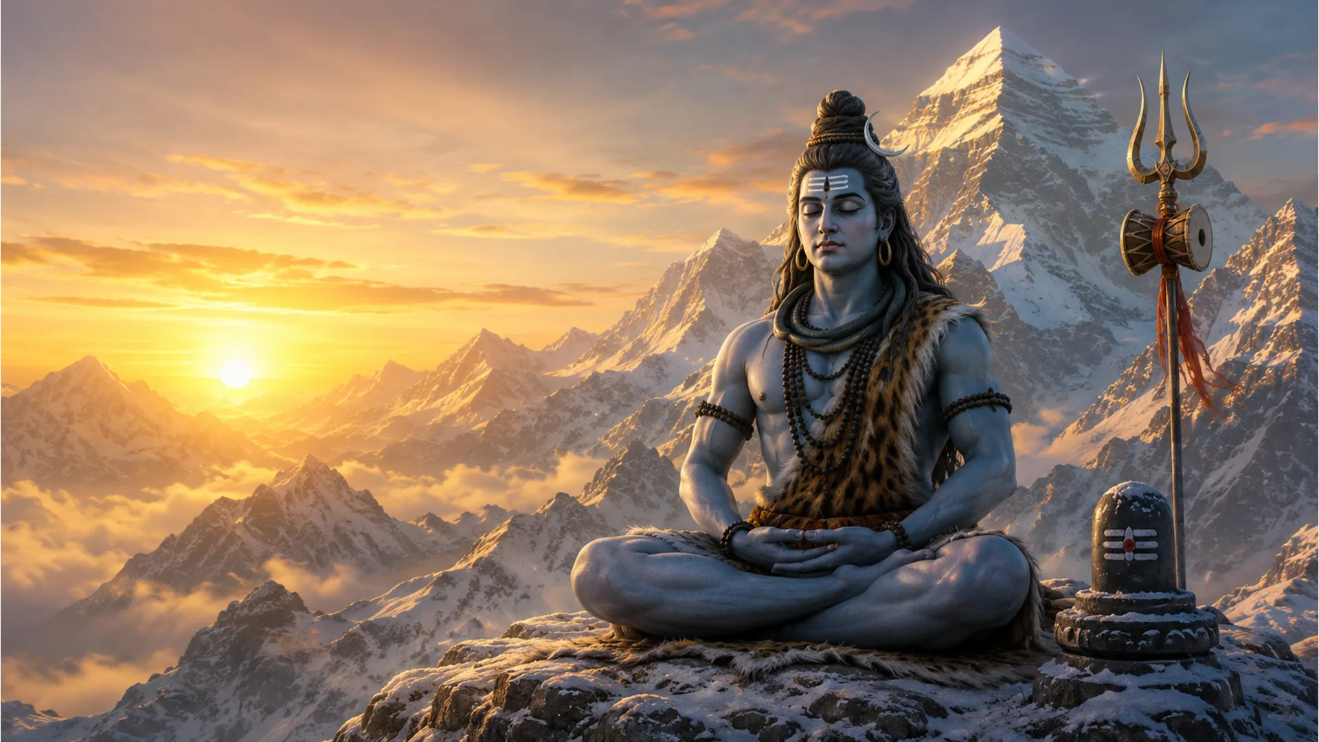Lord Shiva meditating in peace on the snow-covered peaks of Mount Kailash 1080p HD wallpaper.