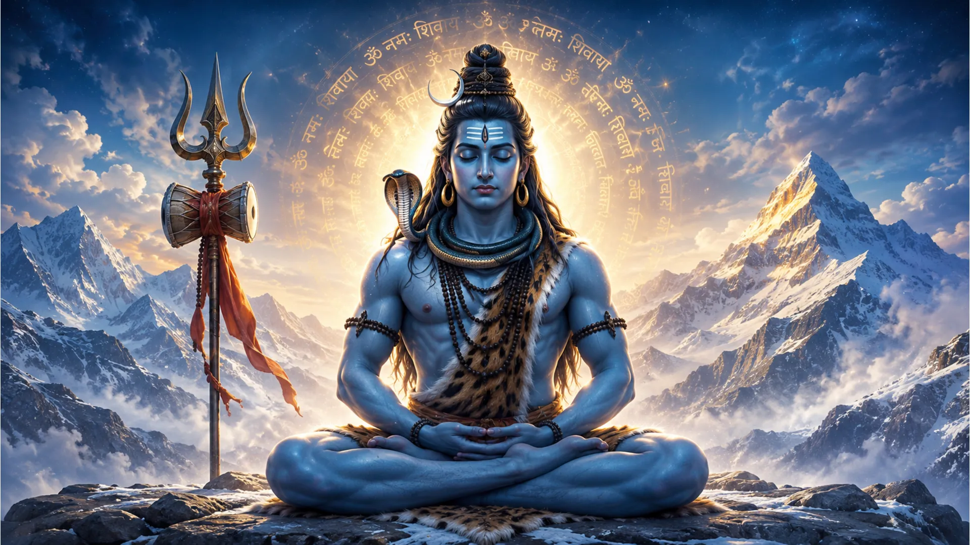Har Har Mahadev photo in HD showing Lord Shiva meditating on Mount Kailash.