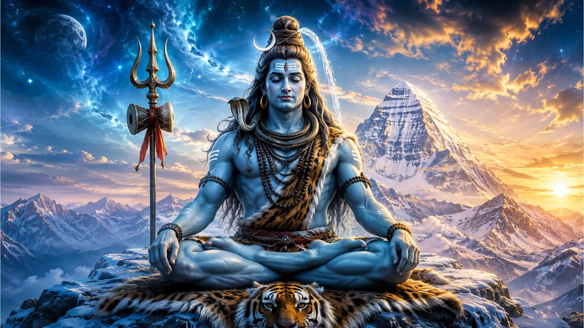 Lord Shiva meditating peacefully on the snow-capped peaks of Mount Kailash in full HD resolution.
