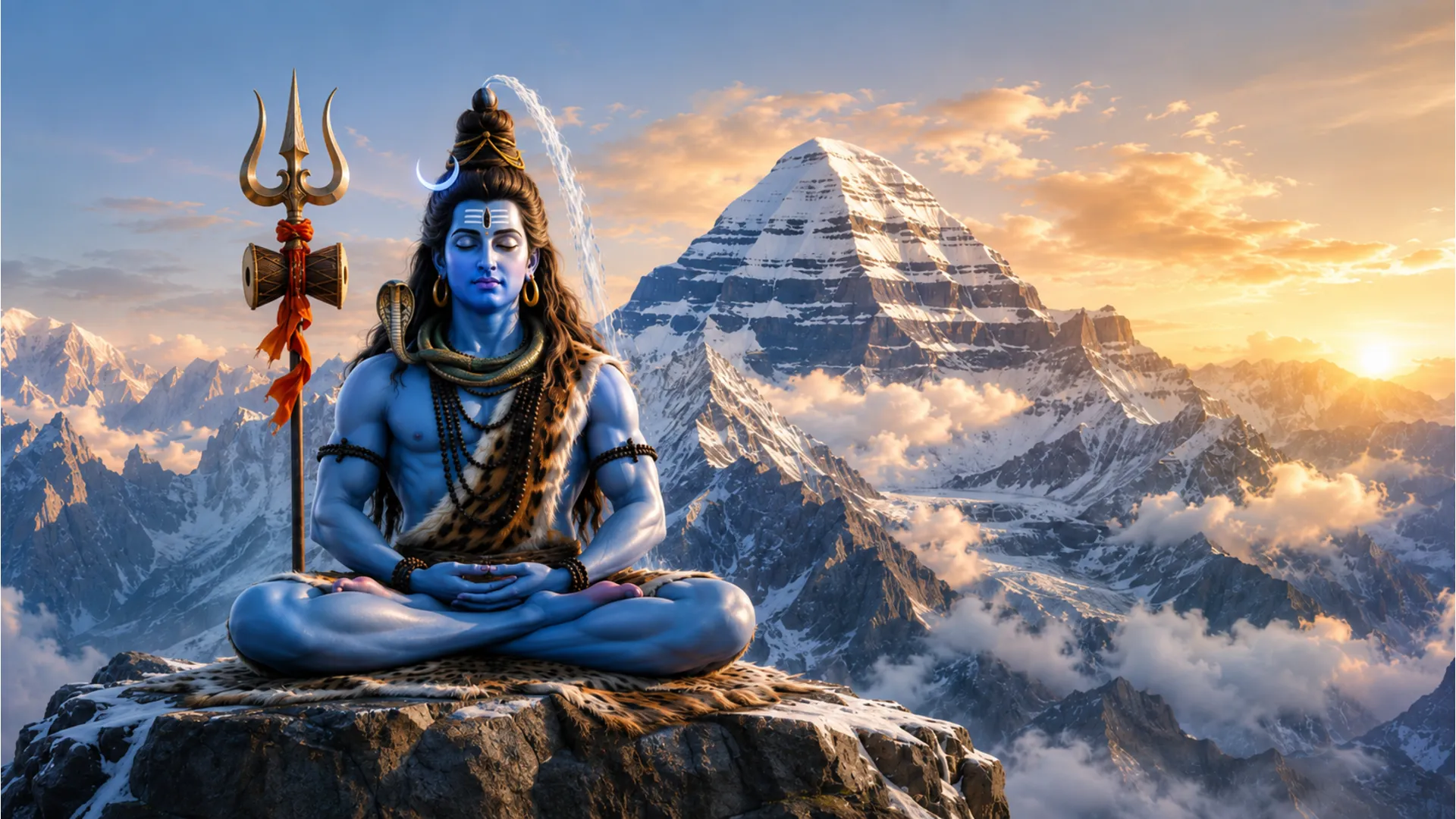 Lord Shiva meditating peacefully on the snow-covered Mount Kailash.