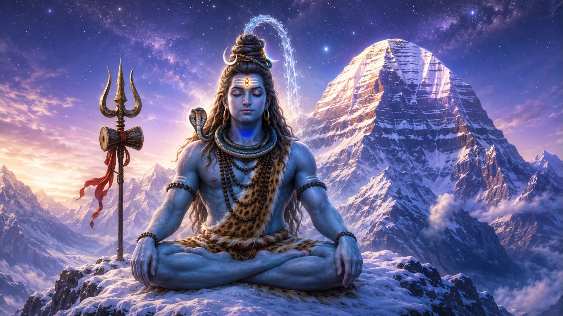 Lord Shiva meditating in deep peace on snow-covered Mount Kailash, Har Har Mahadev photo download MP3.
