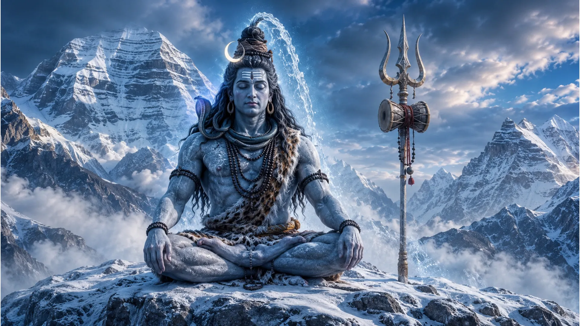 Har Har Mahadev ke photo showing Lord Shiva meditating in the snow-covered Himalayas.