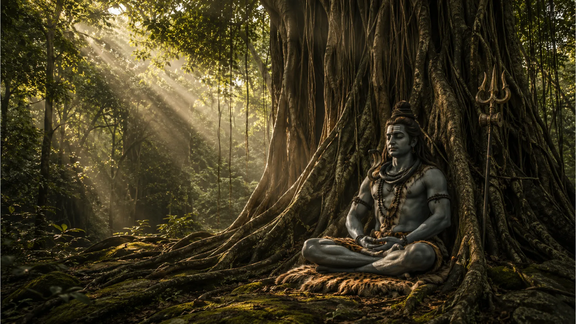 Ancient look of Lord Shiva meditating peacefully under a grand Banyan tree