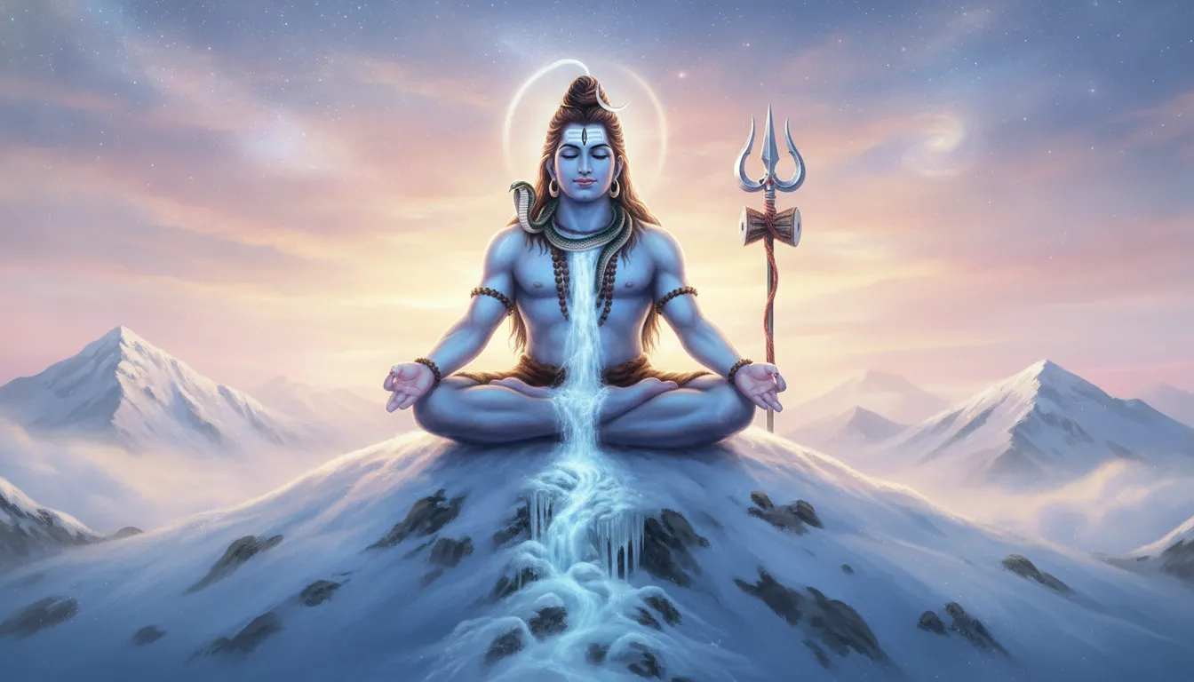Lord Shiva meditating on Mount Kailash in 4K resolution with glowing blue aura.