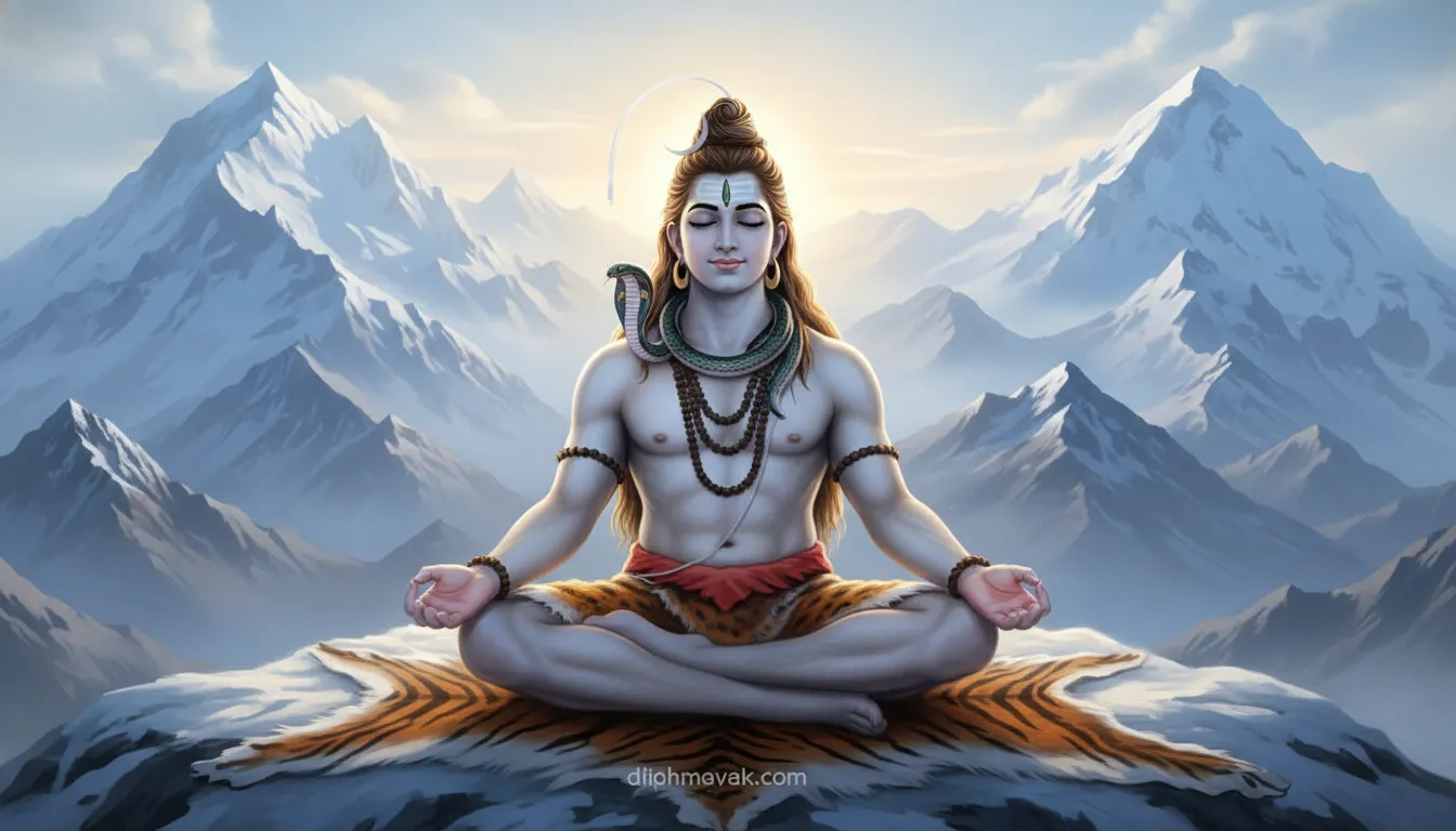 Lord Shiva meditating peacefully on the snow-covered peaks of Mount Kailash.