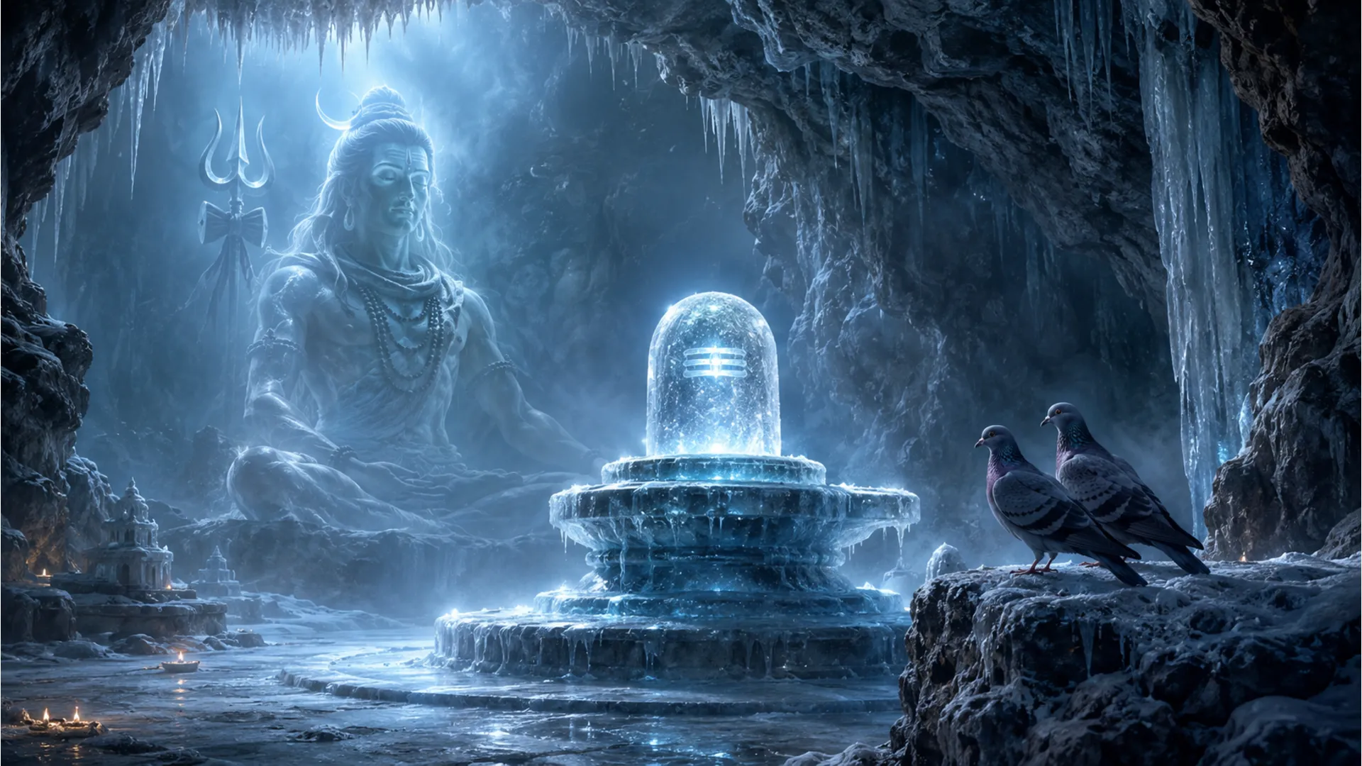 Mystical cave background with an ice shivling symbolizing the story of immortality.
