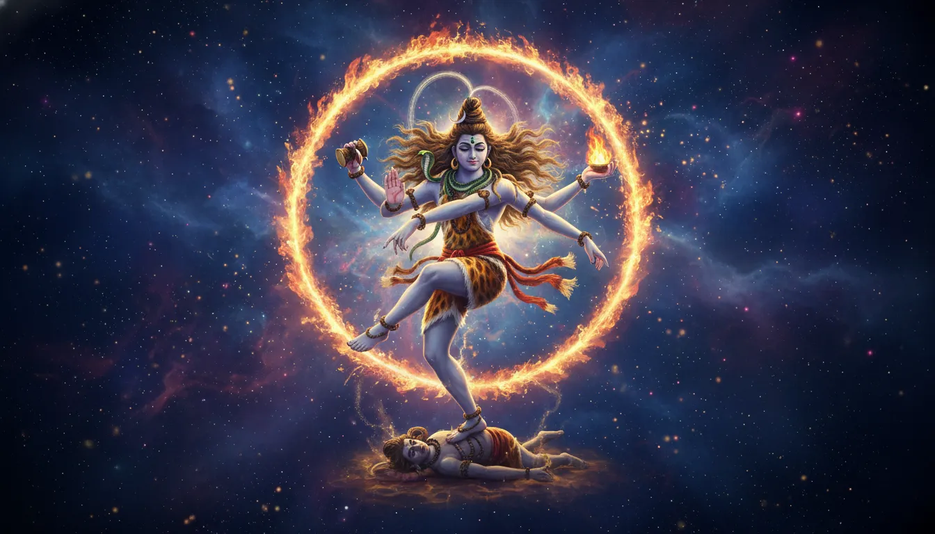 Lord Shiva as Nataraja performing the Tandava cosmic dance within a ring of fire HD wallpaper.